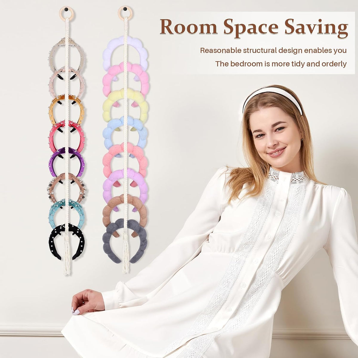 3 PCS Headband Holder Organizer for Girl,Hanging Hairband Storage for Women,Beige Hair Hoop Display Hair Accessories Organizer Bedroom College Dorm Decor(Beige Beads)