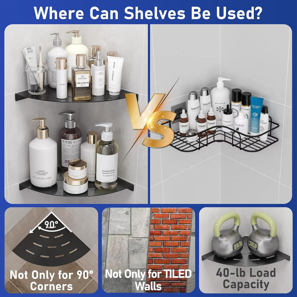 2 Pack Corner Shower Shelves Load Capacity 40 lbs 304 Stainless Steel Shower Corner Shelf Will not Rust 8in Shower Shelf for Inside Shower Matte Black Drilling Installation