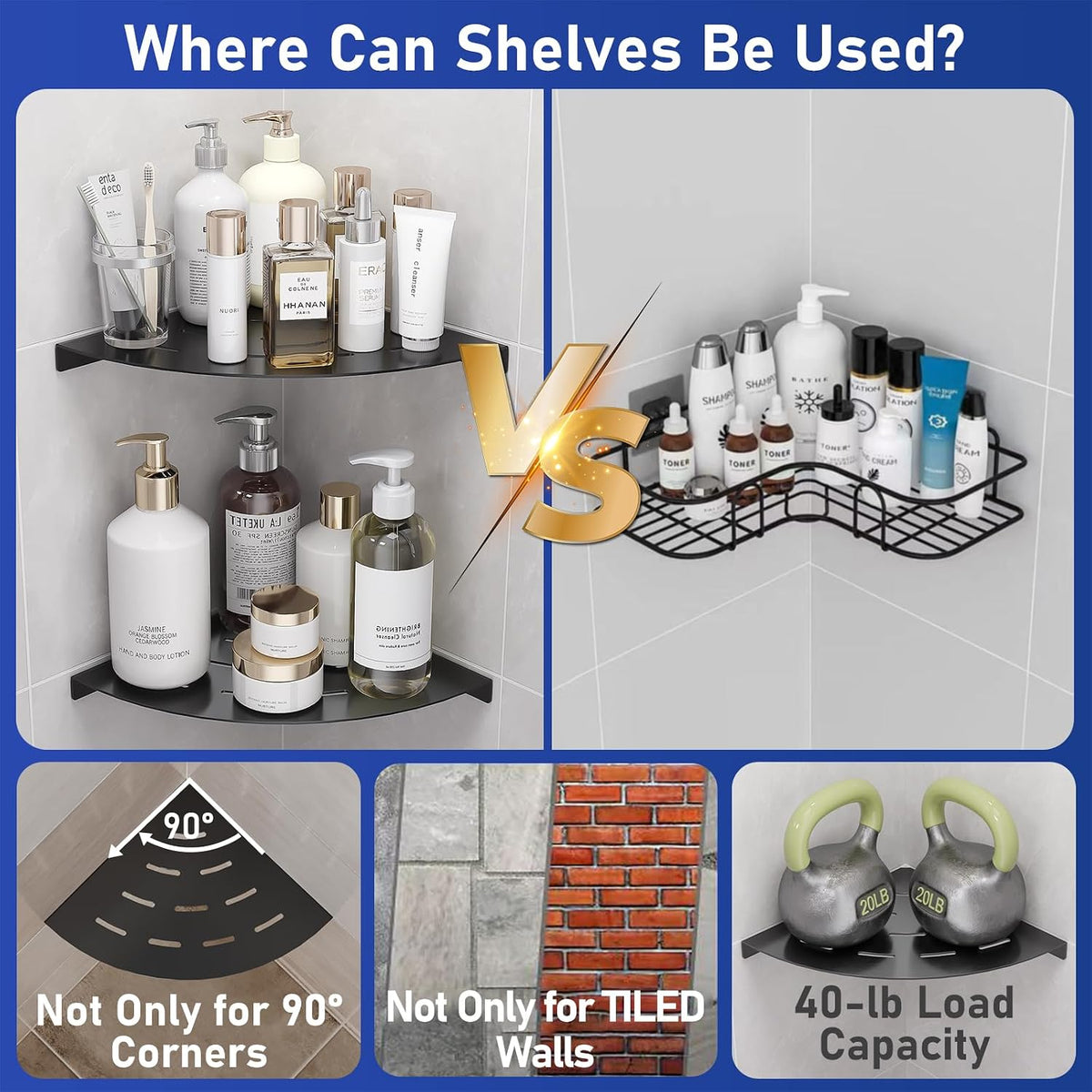 2 Pack Corner Shower Shelves Load Capacity 40 lbs 304 Stainless Steel Shower Corner Shelf Will not Rust 8in Shower Shelf for Inside Shower Matte Black Drilling Installation