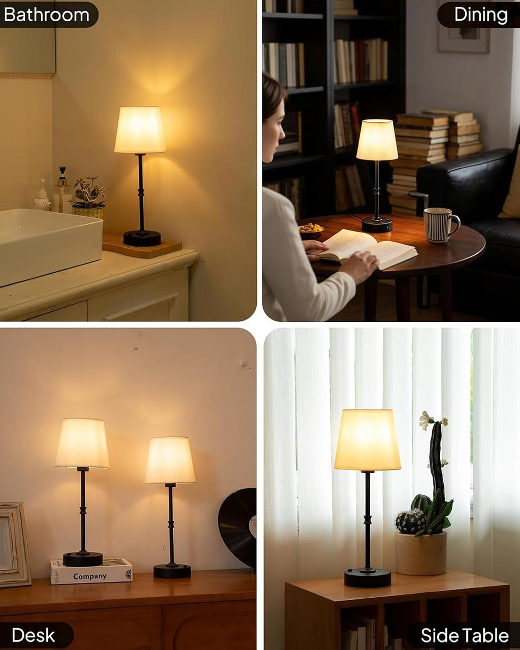 EppieBasic Cordless Table Lamp Rechargeable: Fast Charging & Long Lasting - 2700K Warm Light Small Vintage Brass Bedside Lamps - Dinning Living Room Bedroom - 2 Pack