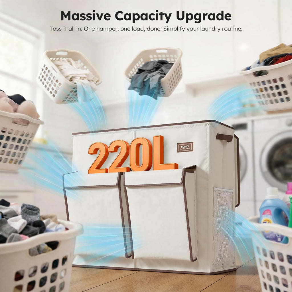SOLEDI 220L Laundry Hamper 3 Section with Lid and 2 Side Pockets