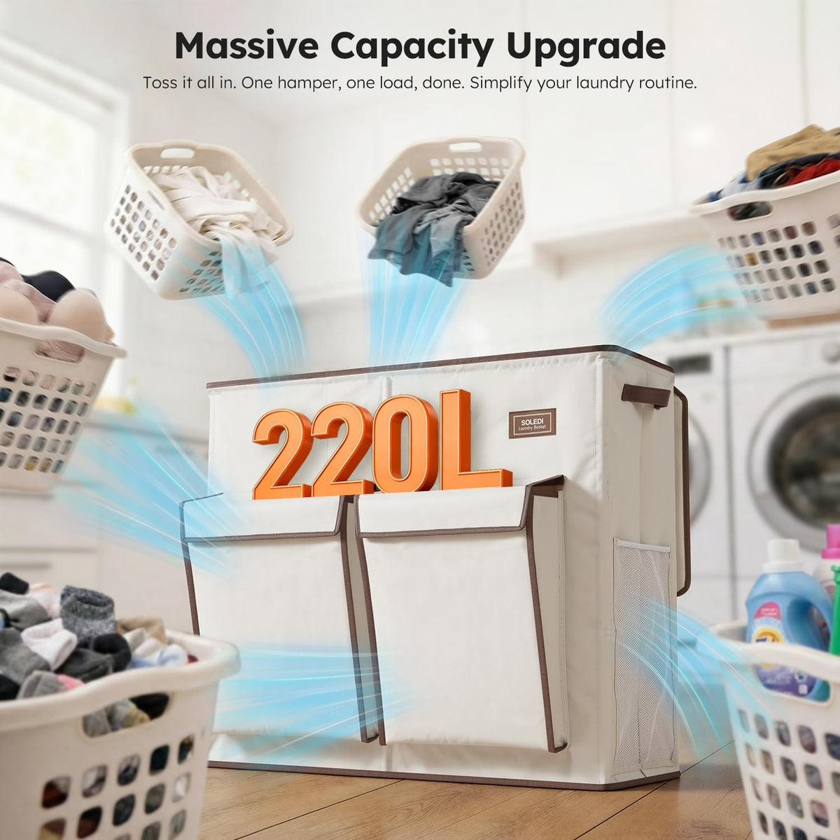 SOLEDI 220L Laundry Hamper 3 Section with Lid and 2 Side Pockets