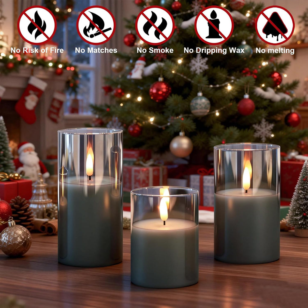 GenSwin Glass Flameless Candles, Flickering LED Pillar Candles with Remote Timer, Battery Operated Candles for Home Decor Wedding & Gift (D3 xH4 5" 6",Gray)