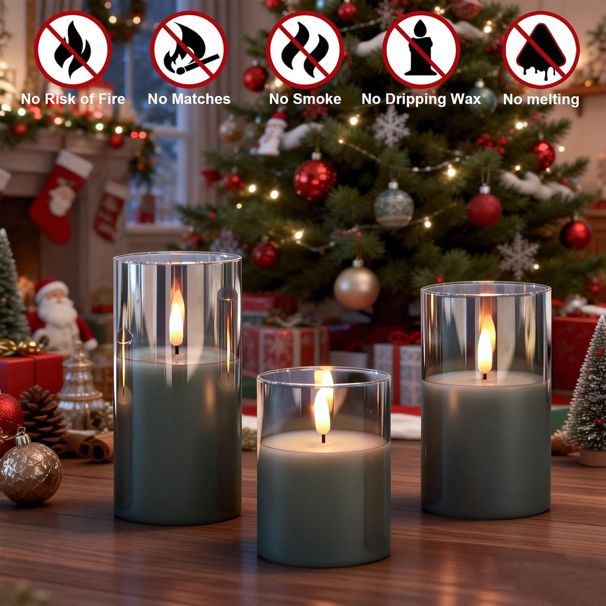 GenSwin Glass Flameless Candles, Flickering LED Pillar Candles with Remote Timer, Battery Operated Candles for Home Decor Wedding & Gift (D3 xH4 5" 6",Gray)