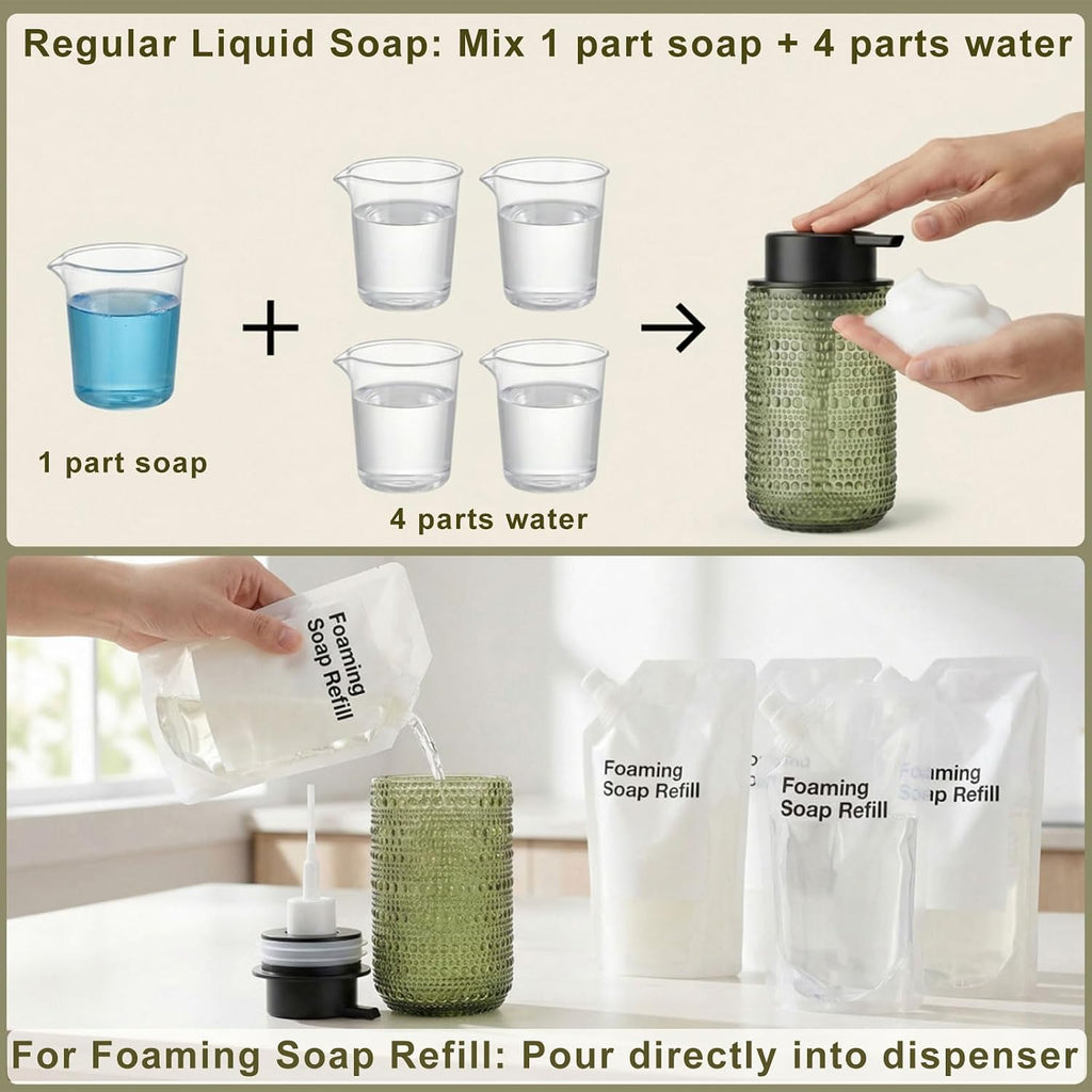 Green Glass Foaming Soap Dispenser, 2 Pack Vintage Foam Hand Soap Dispenser, 14 OZ Hobnail Texture Foam Dispenser with Black Pump for Bathroom, Kitchen, Refillable, Nordic Modern Farmhouse Decor