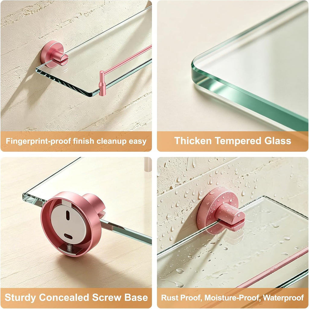 24 Inch Glass Bathroom Shelf,Pink Hanging Shelves for Wall