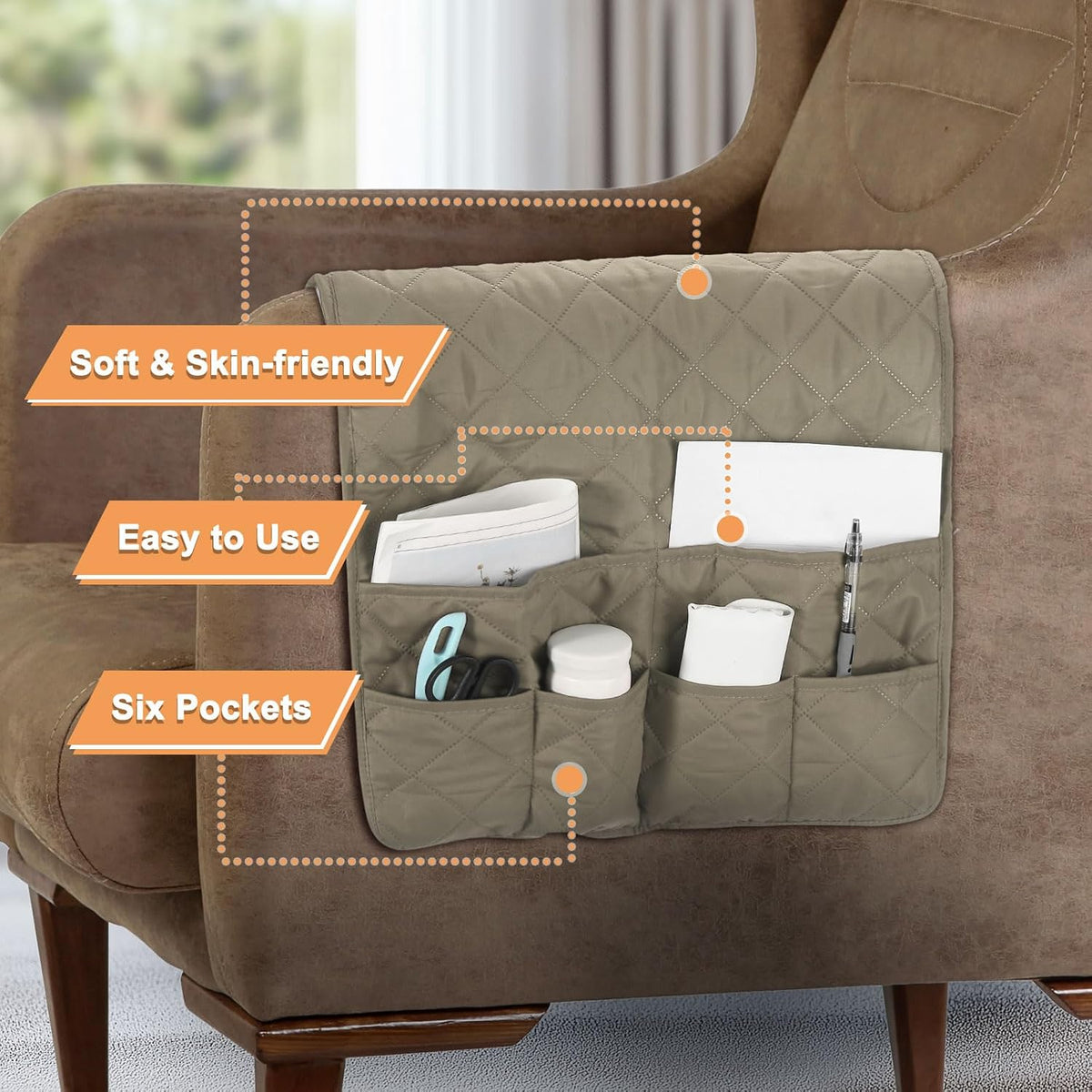 uxcell Couch Sofa Armrest Organizer Non-Slip Chair Arm Recliner Remote Control Organizer with 6 Pockets for Books, Magazines, Tablet, Phone, Camel