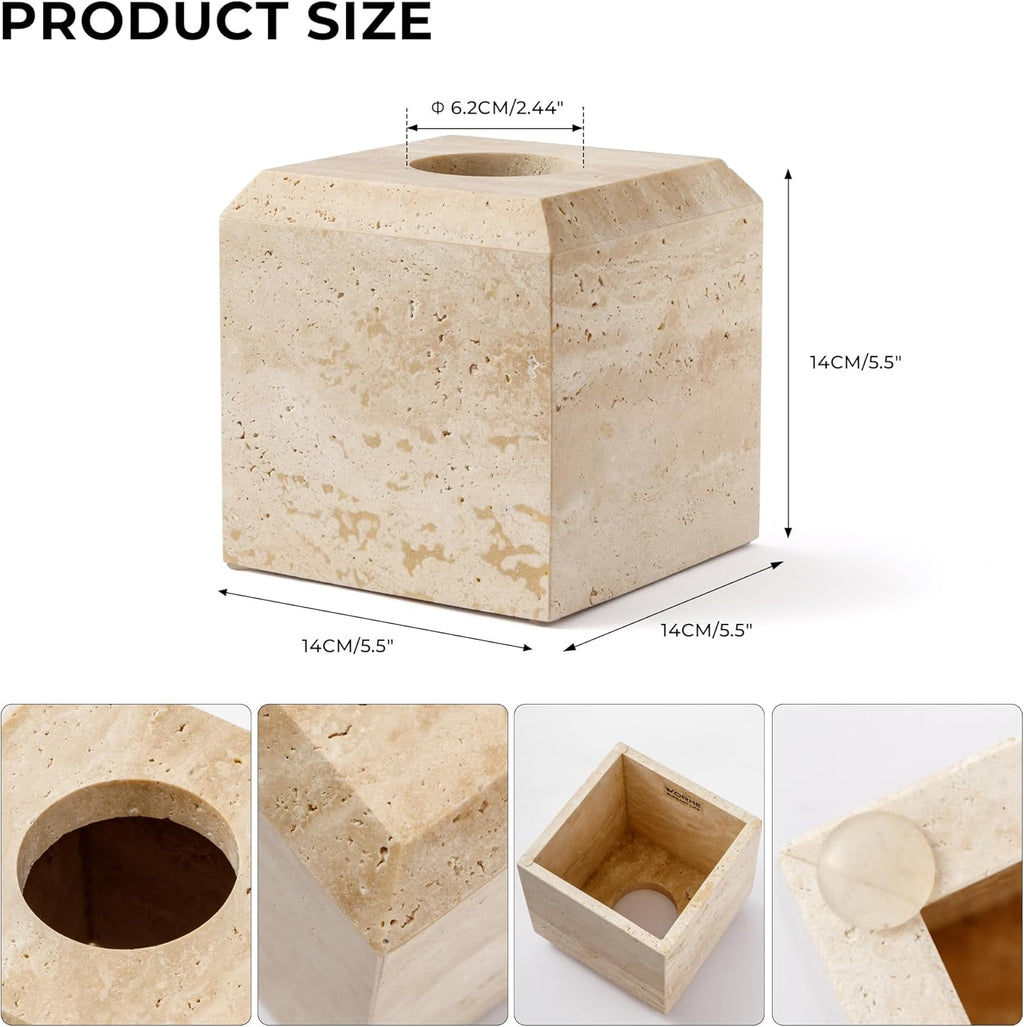 Tissue Box Cover Italy Natural Travertine Stone Heavy Duty Square Facial Toilet Paper Holder for Bathroom Living Room Bedroom Dresser Kitchen Minimalistic Office Home Decor Beige (TBC145WT)