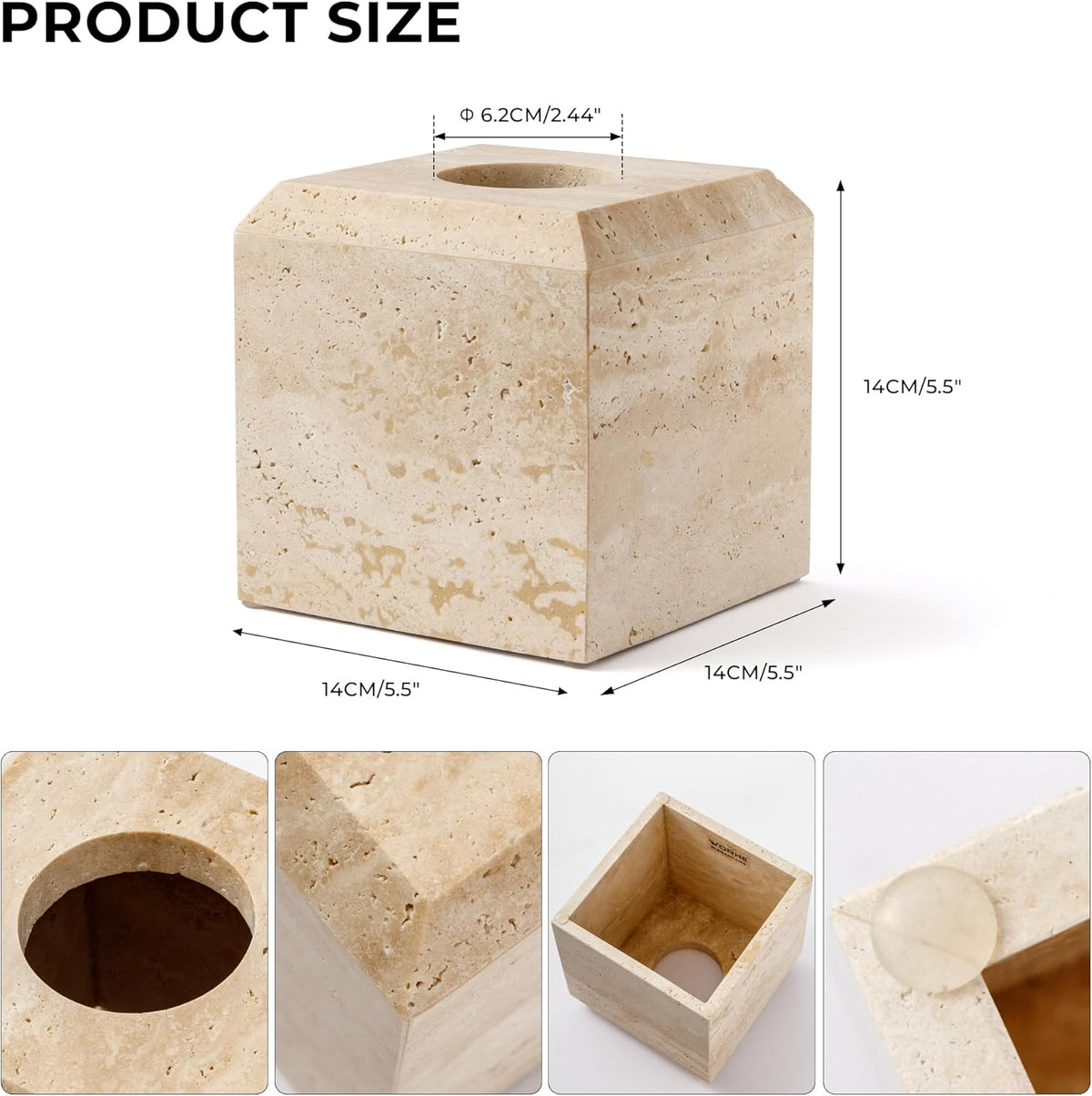 Tissue Box Cover Italy Natural Travertine Stone Heavy Duty Square Facial Toilet Paper Holder for Bathroom Living Room Bedroom Dresser Kitchen Minimalistic Office Home Decor Beige (TBC145WT)