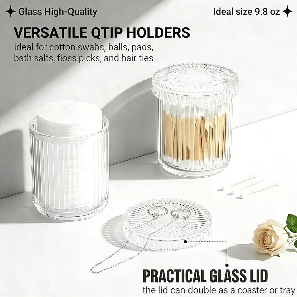 2‑Pack Clear Ribbed Glass Qtip Holder, Vanity & Bathroom Makeup Storage