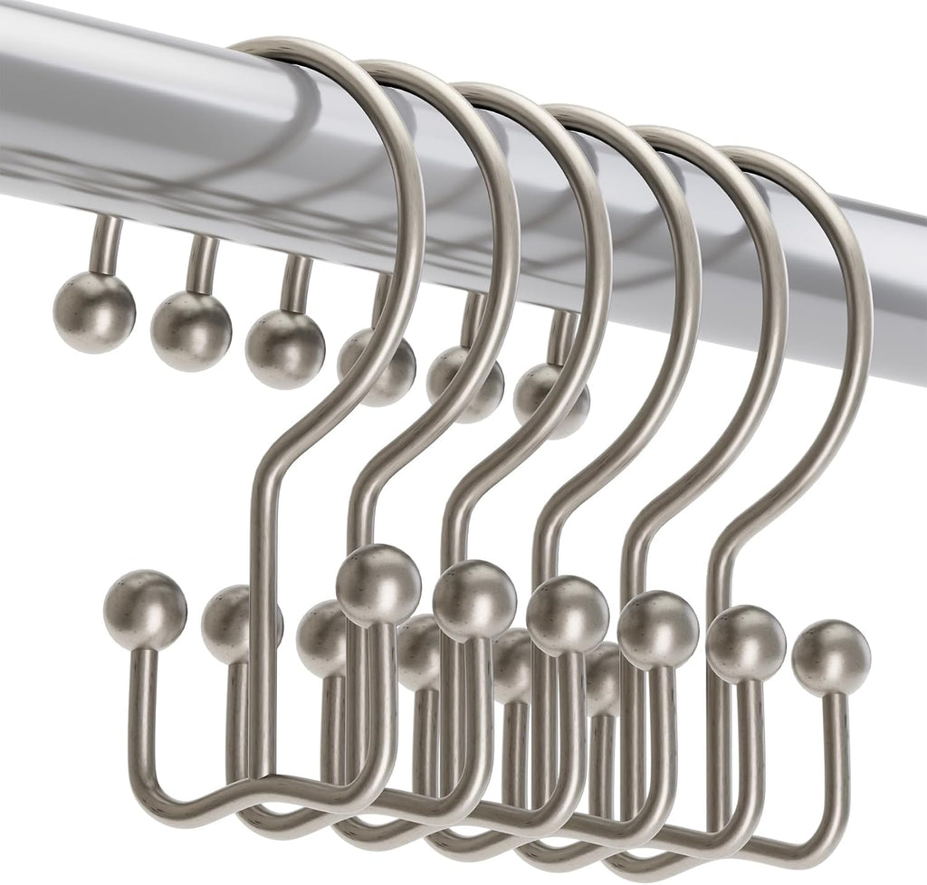Titanker Shower Curtain Hooks Rings, Rust Resistant Metal Minimalist Simple Double Glide Shower Hooks Rings for Bathroom Shower Rods Curtains, Set of 12 Hooks - Matte Nickel