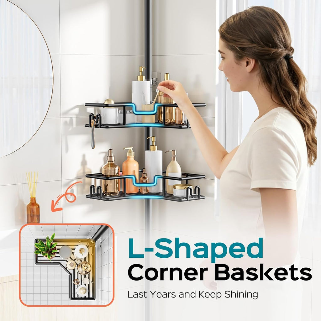 HAMITOR Corner Shower Caddy Tension Pole: 4-Tier Adjustable Shelf Black