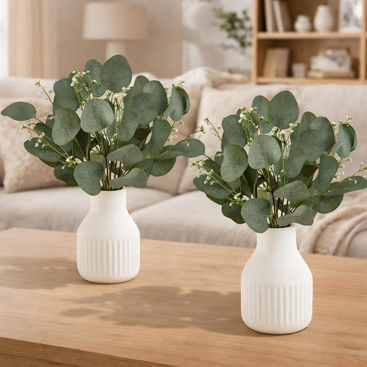 LemonRoad 2 Pack Artificial Eucalyptus Stem in Small Ceramic Vase 13" Fake Greenery Plants for Home Decor 20 Pcs Modern Indoor Fake Eucalyptus Stem for Table Centerpiece Living Room Bathroom