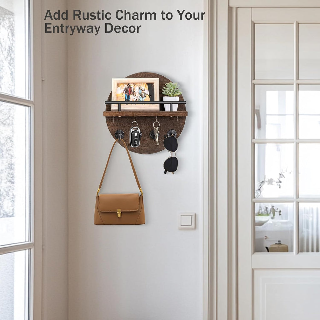 10.2" Key Holder Wall Mount with Shelf & Mail Organizer, 8 Hooks Brown