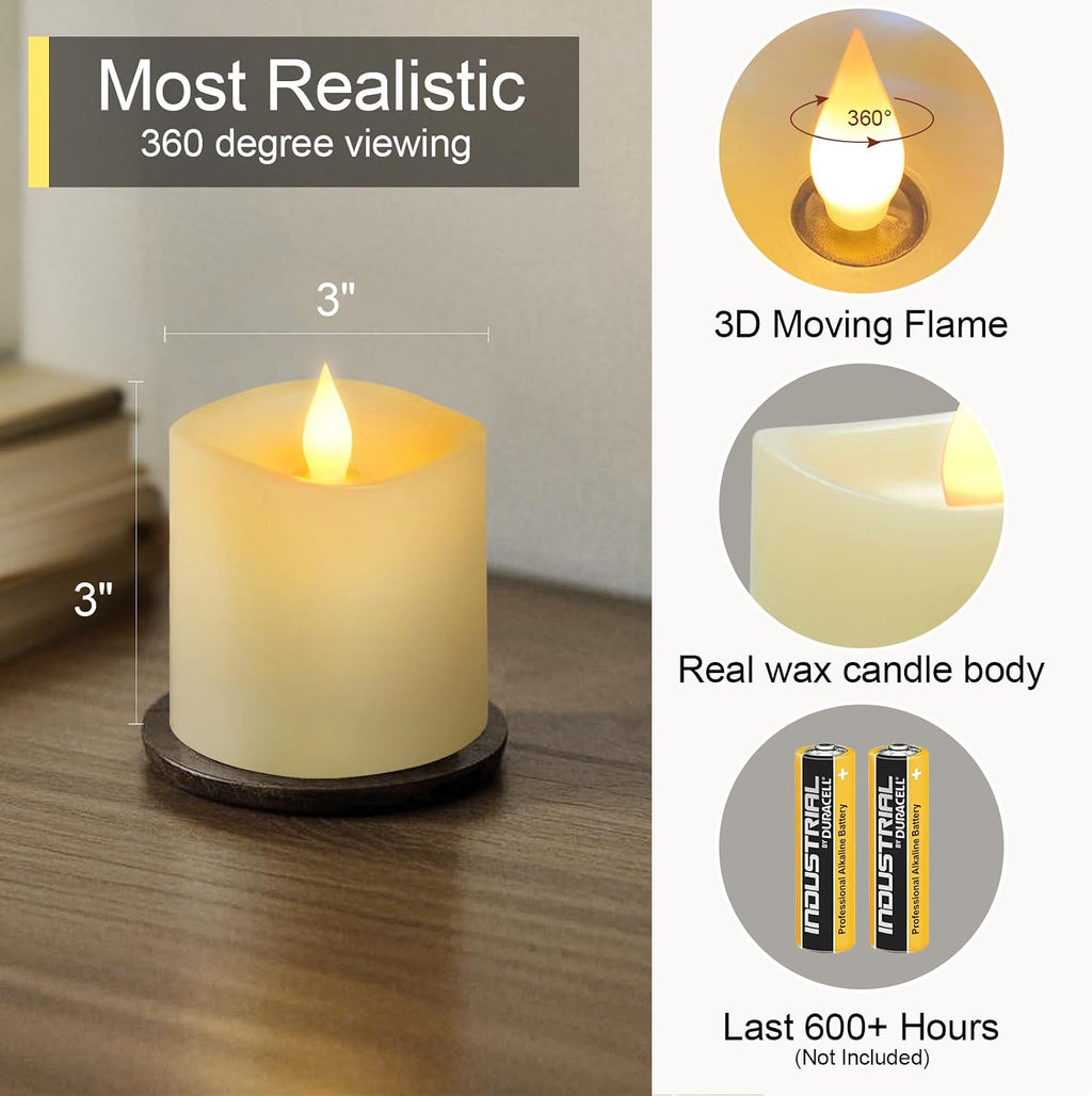 3x3 Flameless Candles with Remote Set of 2, 3 inch Battery Candles Flickering with Timer, LED Pillar Candle for Indoor/Outdoor, Lvory White