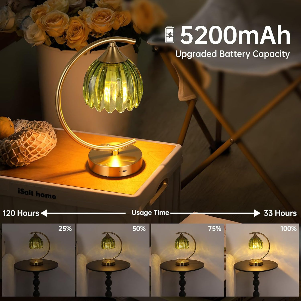 Shenmoyl Tulip Table Lamp, 5200mAh Cordless Touch Control Table Lamp with 3 Color Temps & Stepless Dimming, Rechargeable Battery Table Lamp for Living Room, Bedroom, Office, Shelf (Green Tulip)