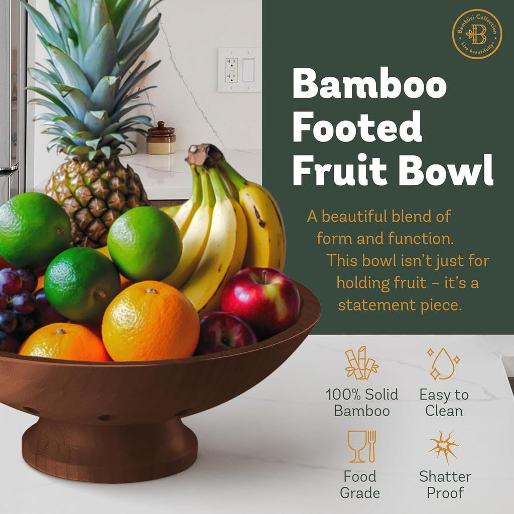 Fruit Bowl for Kitchen Counter - Brown Wooden Fruit Bowl, Latge Fruit Basket with Pedestal Base, Vented Bamboo Fruit Holder for Fruits, Vegetable Storage, Kitchen Countertop Organizer 11 x 4.5 Inches