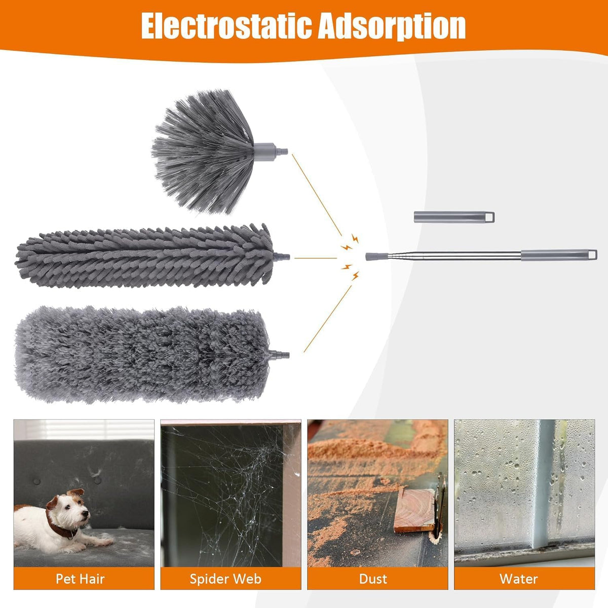 4 Pcs Microfiber Cobweb Duster with 100-inch Extendable Pole, Washable and Reusable Feather Cleaning Duster Kit with 3 Duster Heads,Dusters for Cleaning with Telescopic Pole for High Ceiling Fan