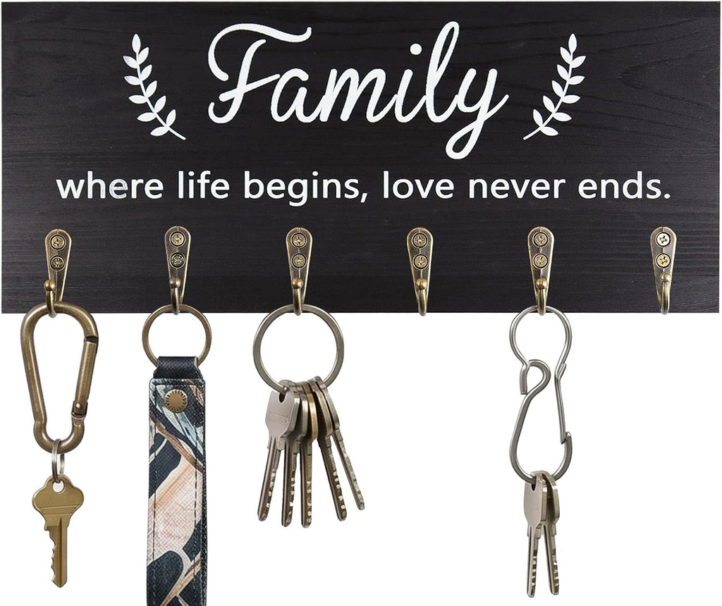 AHYS Key Holder Wall Mount Wooden Key Hanger with 6 Metal Hooks Rustic Family Wall Decor for Farmhouse Home Entryway Hallway Living Room Office Decorations - Black