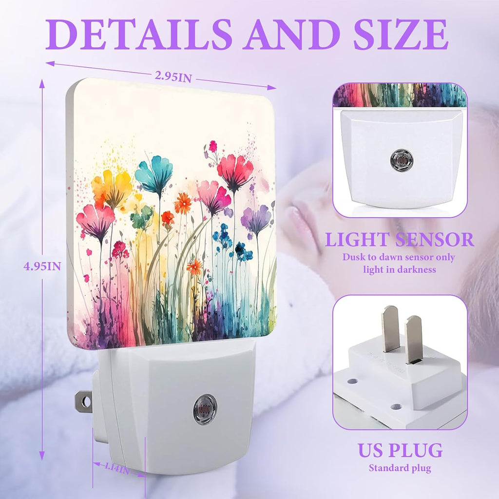 Watercolor Floral Night Light,Abstract Plug-in Night Lights with Dusk-to-Dawn Sensor for Bedroom,Bathroom and Living Room Sleep Friendly lamp 0.5w