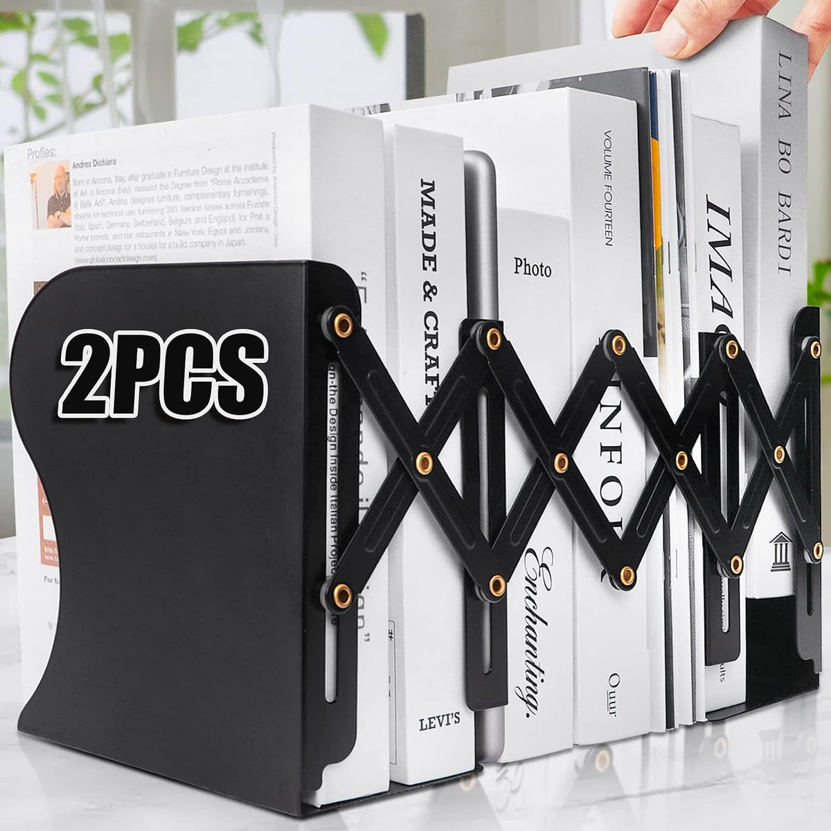 2PCS Heavy Duty Book Ends with Detachable Pen Holder, Adjustable Bookends for Shelves, Sturdy Metal Book Ends for Tabletop
