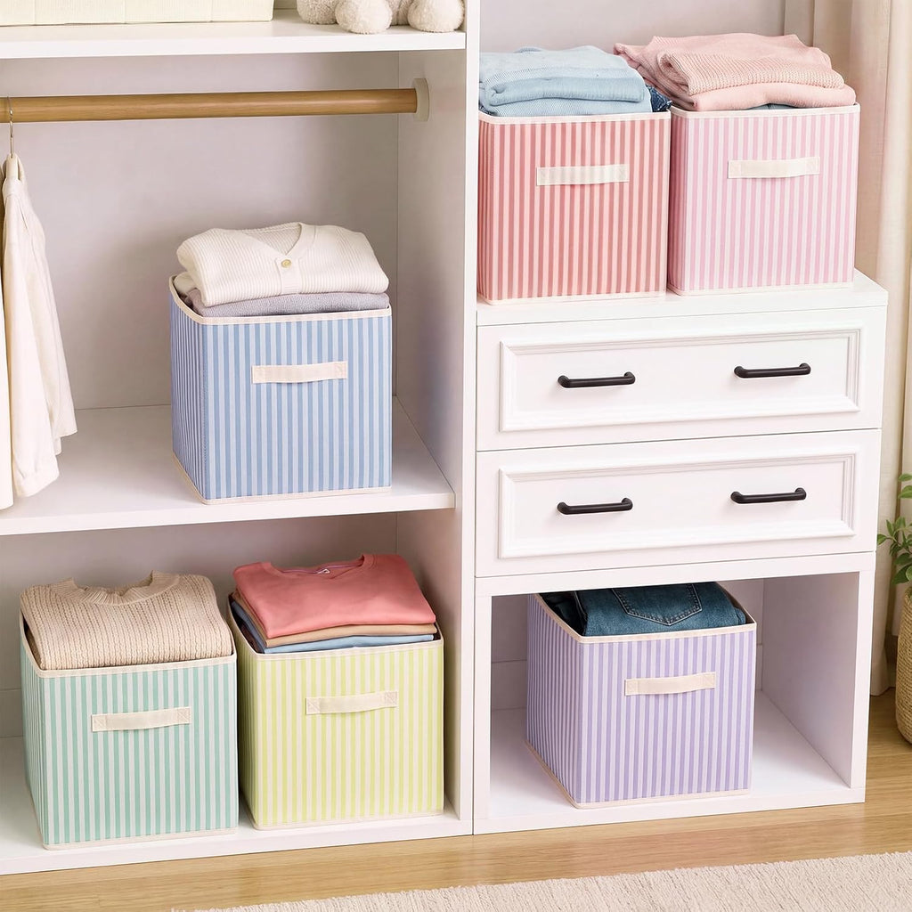 Amyhill 6 Pack Mixed Colors Striped Basics Collapsible Fabric Storage Bins