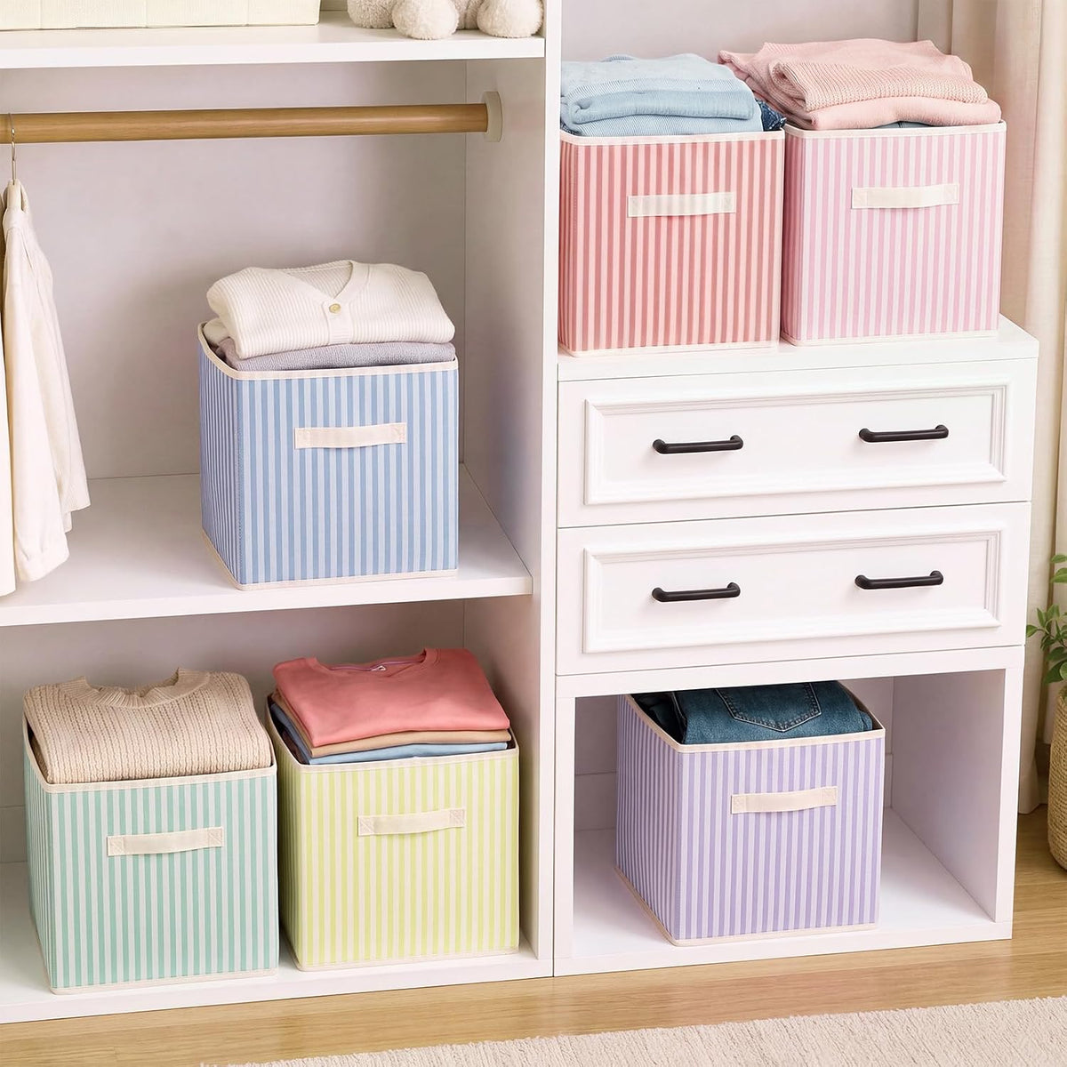 Amyhill 6 Pack Mixed Colors Striped Basics Collapsible Fabric Storage Bins