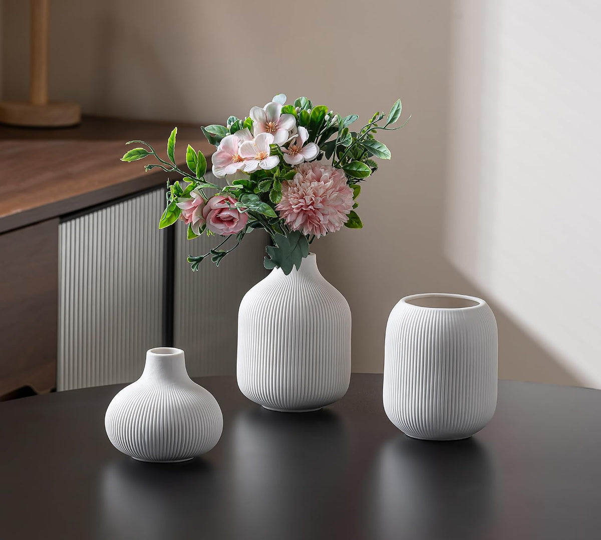 White Ceramic Vases for Decor, 3 Set Small Modern Minimalist Ribbed Vases Decorative for Table Shelf Decor Bookshelf Decoration Vase