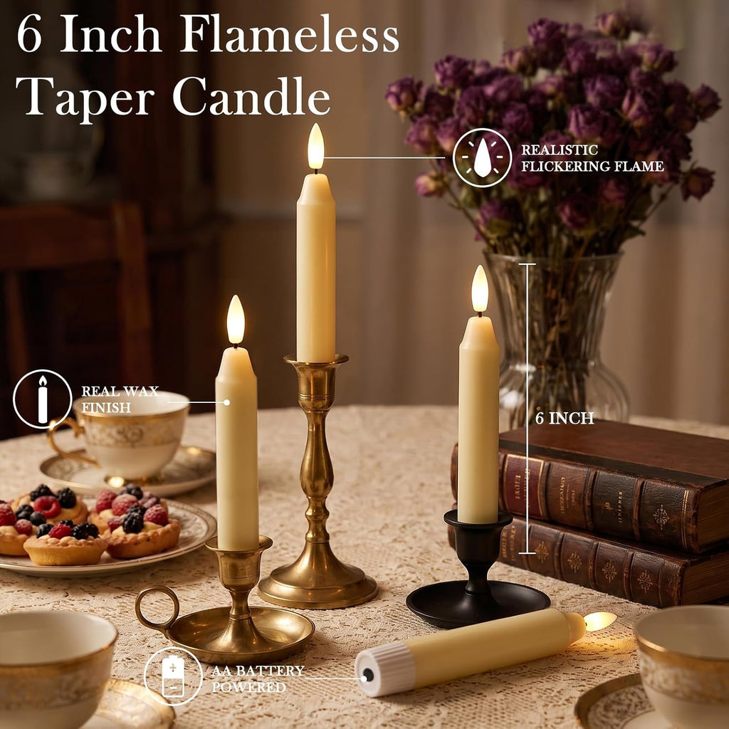 6Inch Flameless Taper Candles with Remote & 6 Batteries, Ivory