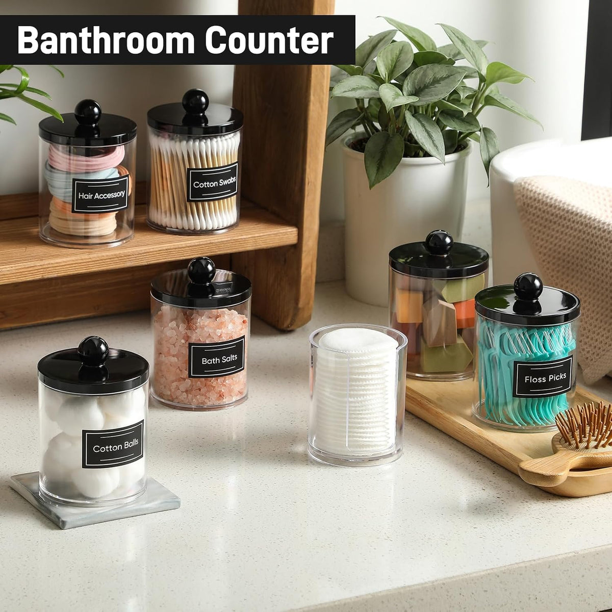 4 Pcs, Acrylic Qtip Holder Dispenser for Cotton Swab, Ball, Round Pads, Floss Picks - Plastic Apothecary Jar Set, Bathroom Canister Decor Storage Accessories, Vanity Makeup Organizer - Clear & Black