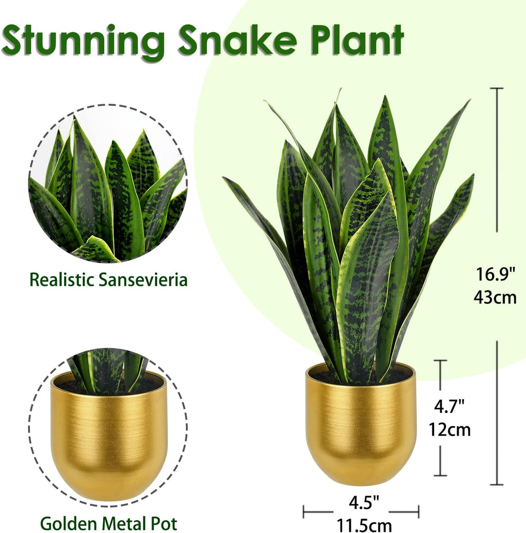 Briful Fake Plants 17" Artificial Snake Plant Faux Plants in Gold Pot Tropical Sansevieria Silk Plant Fake Potted Plants Indoor for Home Living Room Bathroom Office Housewarming Gift Decor