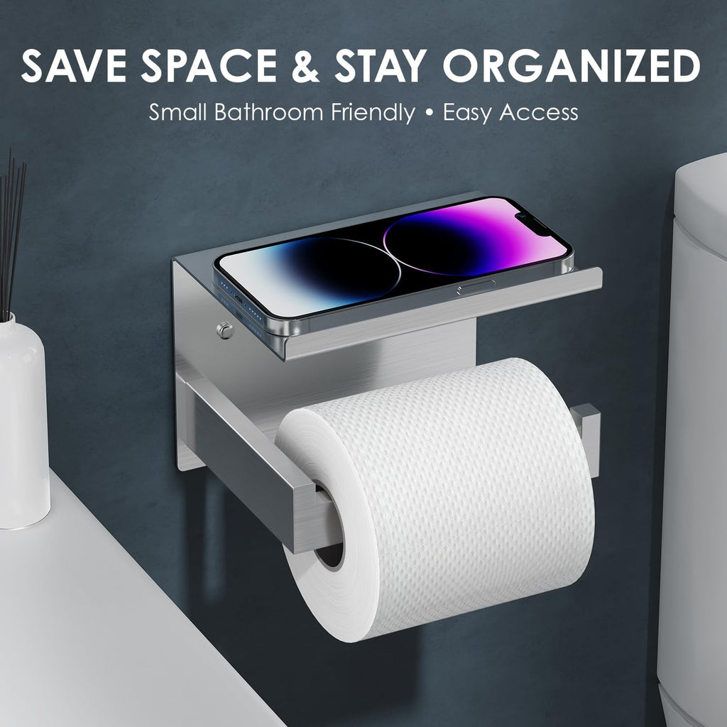 Auxmir Toilet Paper Holder with Shelf, Self Adhesive or Screw Mount, Silver