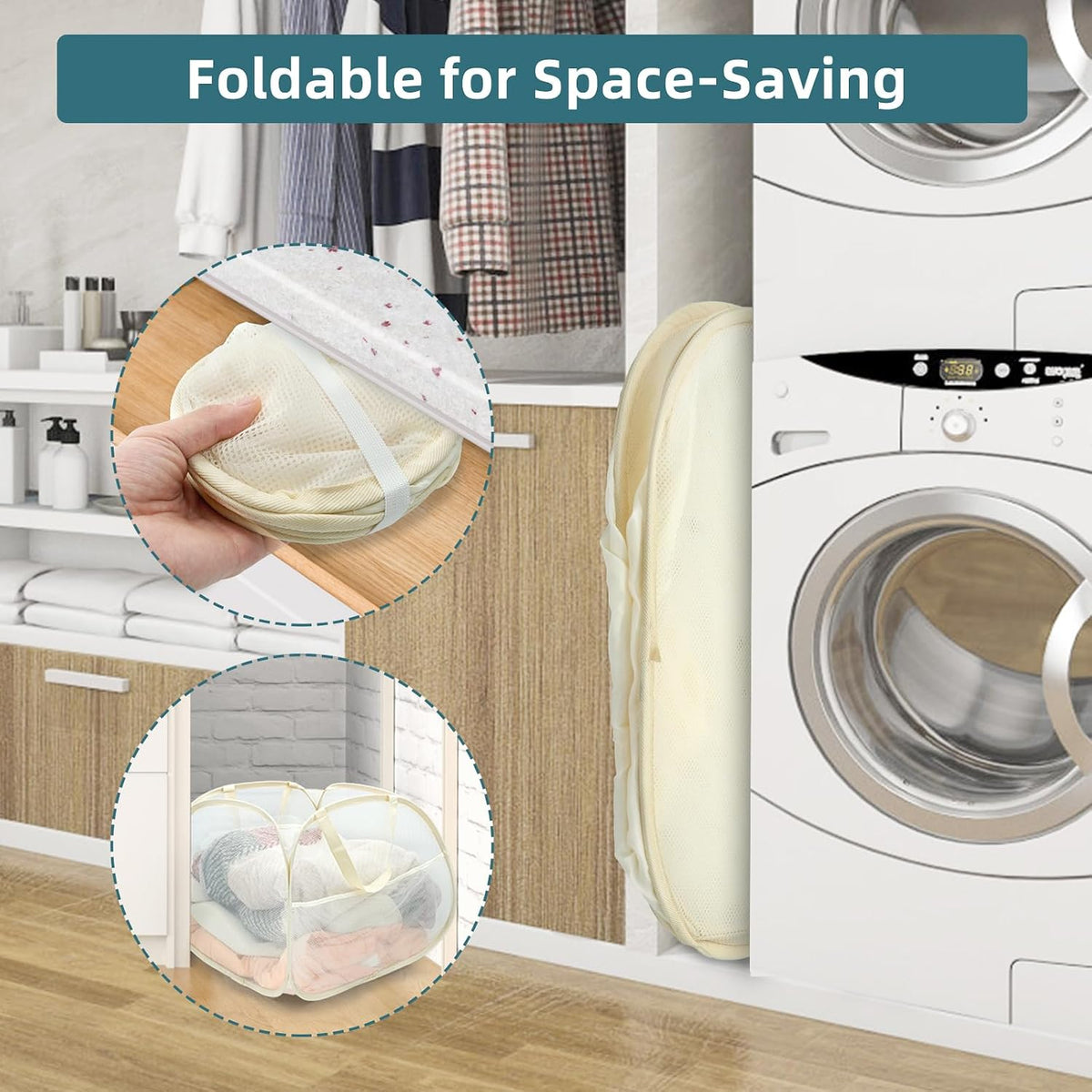 Collapsible Laundry Baskets, 90L Large Foldable Laundry Basket, Durable Mesh Pop Up Hampers for Laundry, Dirty Clothes Laundry Hamper for Bedroom, Bathroom, Dorm, Laundry Room, Travel, Camping Beige