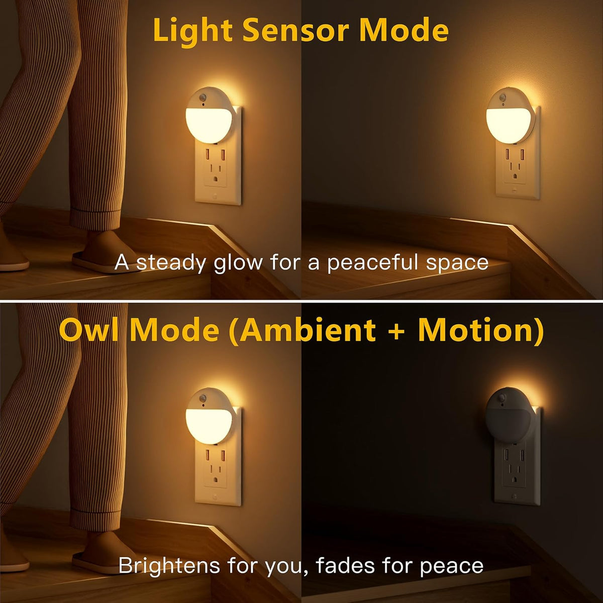 YUNLEX Motion Sensor Night Lights Plug into Wall, Dimmable 1-15lm, 2 Pack