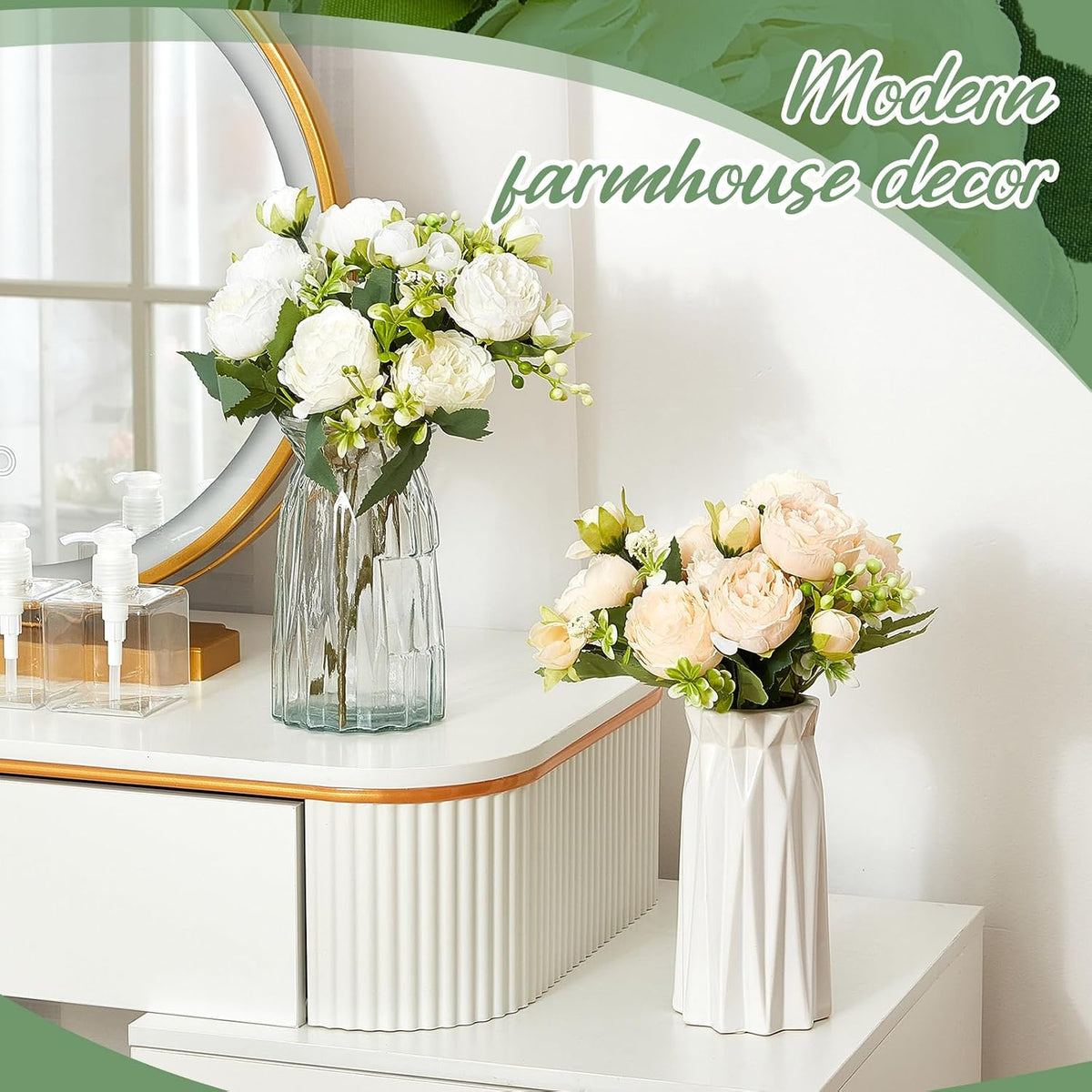Jexine Artificial Peonies Flowers, White, Champagne, 24 Bundles