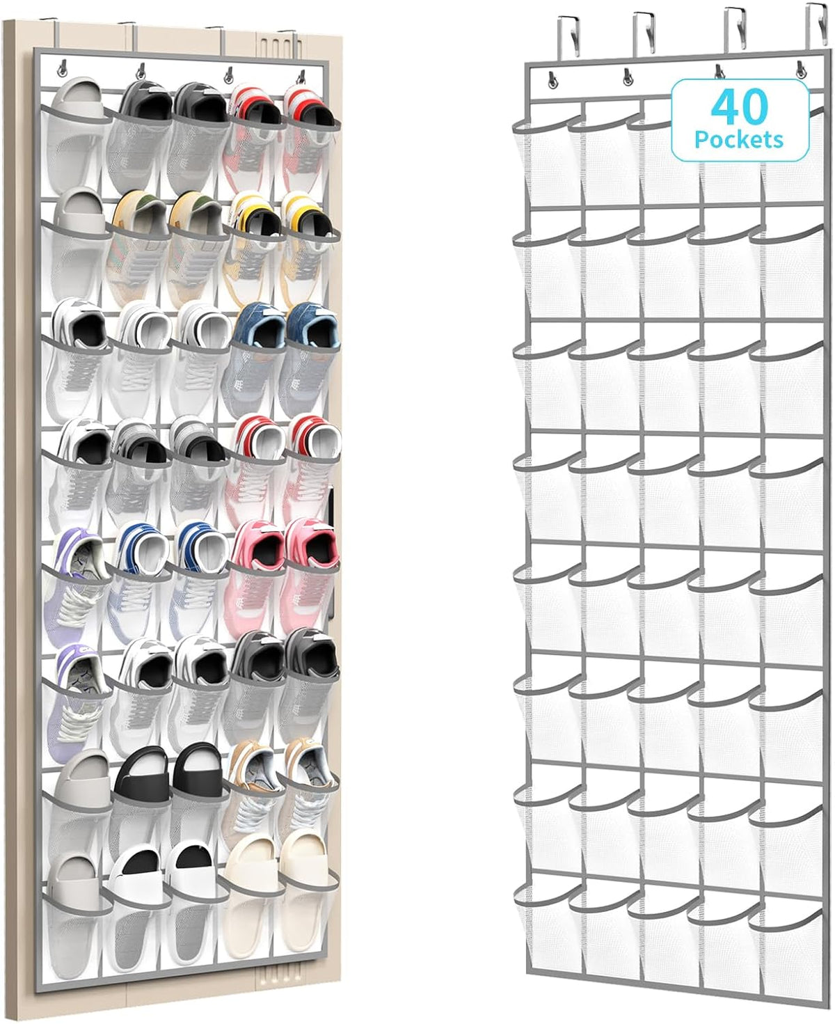 SAVERHO Over the Door Shoe Organizer, 40 Large Breathable Mesh Pockets Hanging Shoe Rack, Space Saving Shoe Holder for Entryway Bedroom Closet Storage (White)
