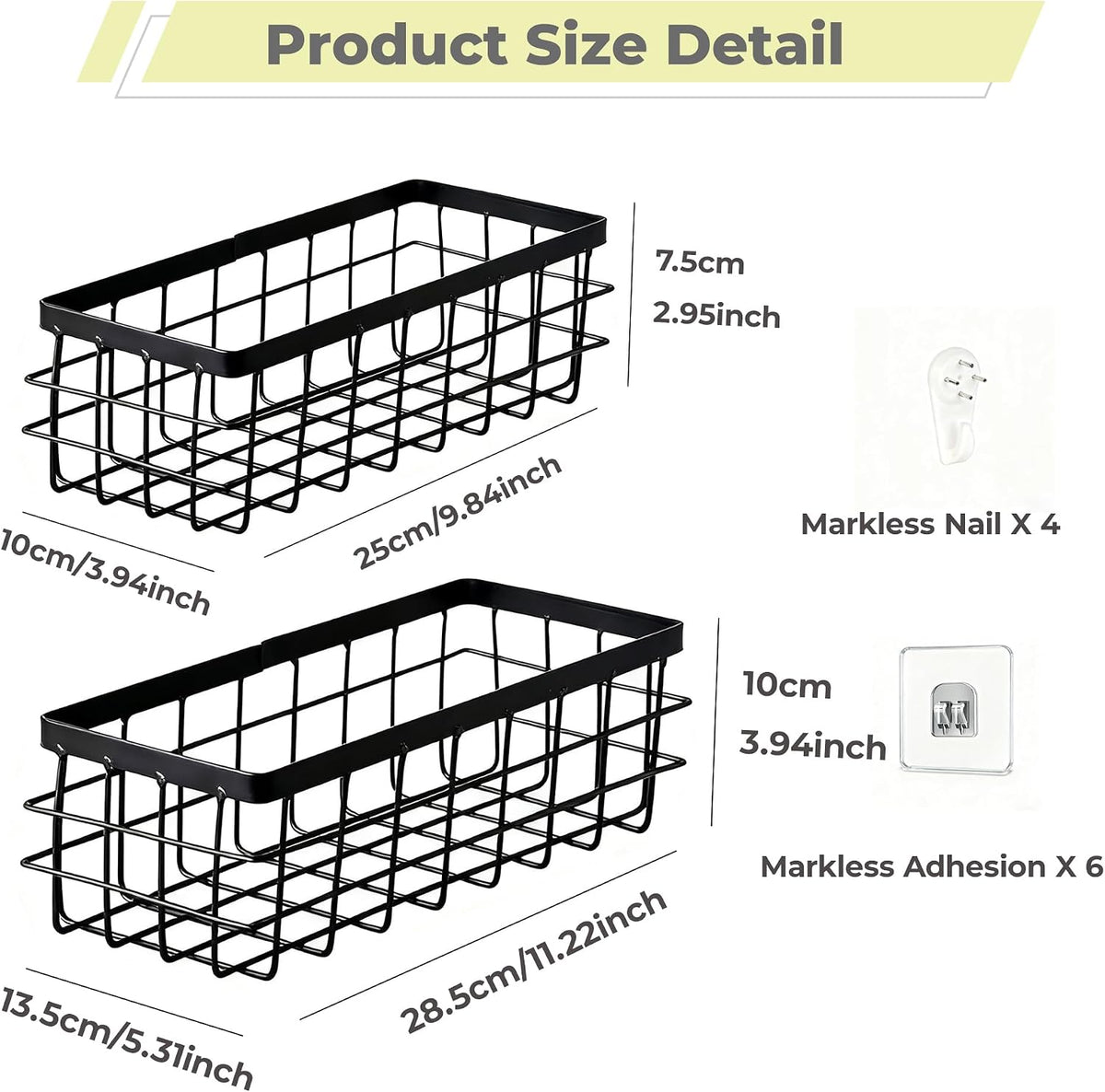 2PCS Adhesive Metal Wire Wall Storage Organizer Hanging Baskets Black M+L