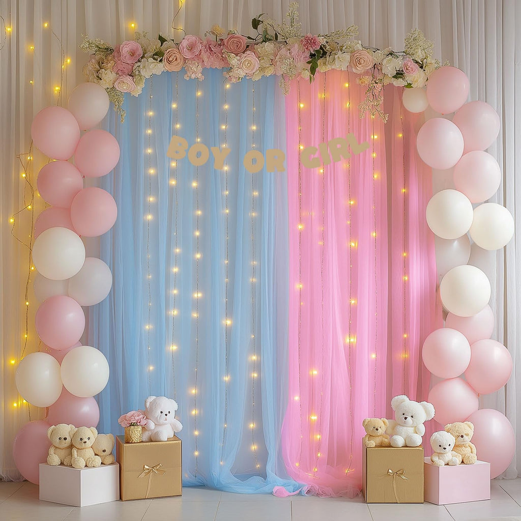 Pink and Blue Tulle Backdrop Curtains with Lights String – 2 Panels 5x8ft Sheer Backdrop for Gender Reveal, Baby Shower, Boy or Girl Birthday Party, Photo Shoot, Party Decorations