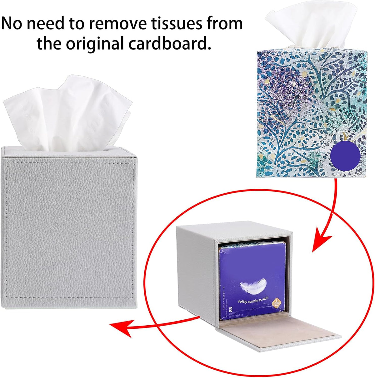 Sumnacon Tissue Box Cover Square,Magnetic Bottom PU Tissue Box Holder,Grey