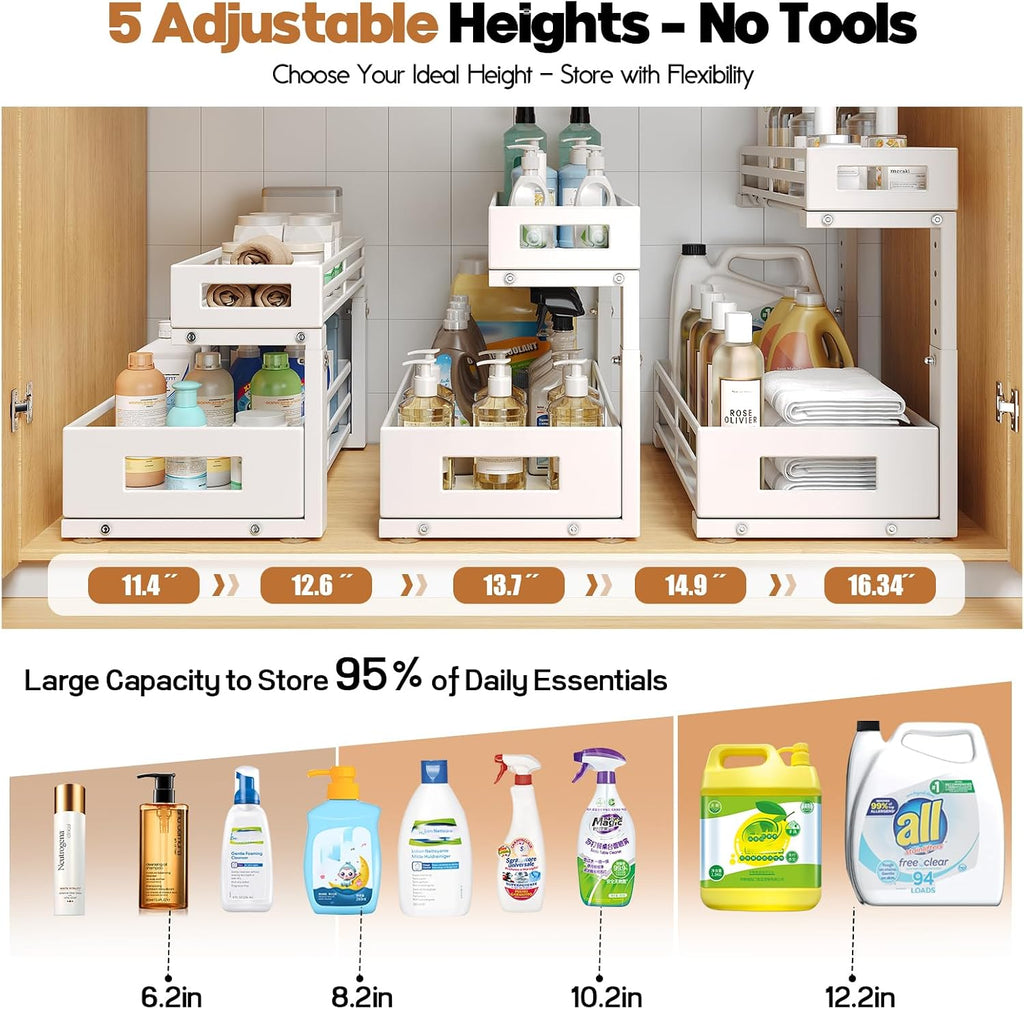 2-Pack 17"Deep Under Sink Organizer And Storage, 2-Tier L-Shaped Pull Out Cabinet Organizer with Upgraded Slide Rails, Height Adjustable Drawers for Kitchen&Bathroom, Extra-Large Storage Shelves–Gray