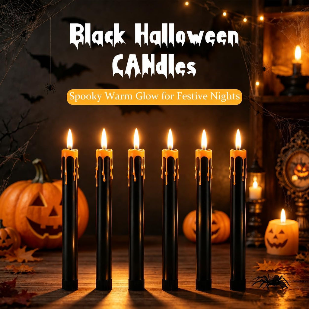 Dusk&Decorum 6 Pack Halloween Tapered Candles with Remote, Black Halloween Flameless Candles with Orange Dripping Wax, Battery Operated LED Halloween Candles for Table, Mantel & Indoor Decor