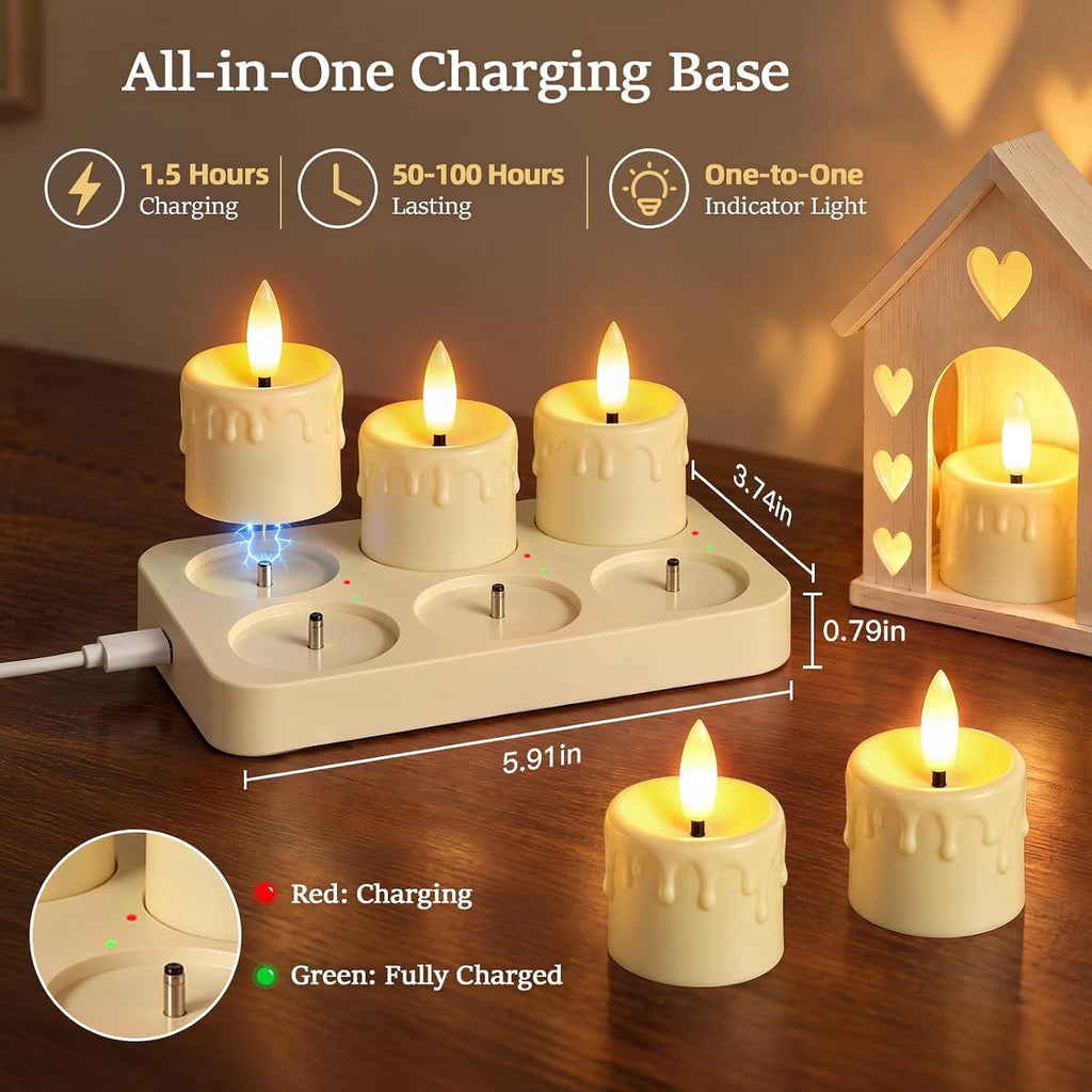 Kimjo Rechargeable Flameless Tea Lights Candles with Charging Base, 6 Pack