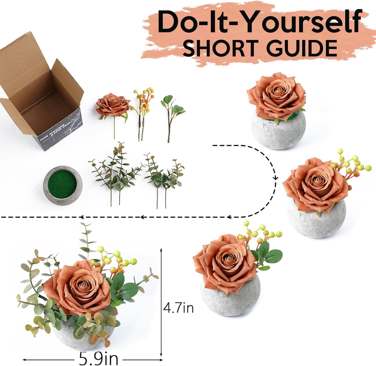 mizii DIY Small Artificial Flowers Potted Kit Fake Flower Realistic Silk Rose and Greenery with Vase for Gifts Table Centerpiece Mantle Office Desk Shelves Living Room Decorations (Orange)