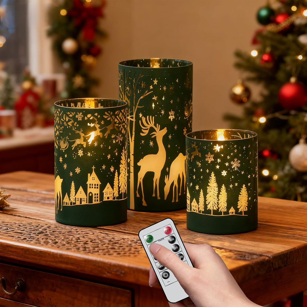 Green Christmas Flameless Candles Battery Operated Remote Timer