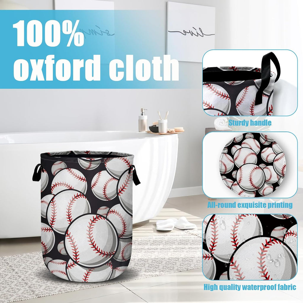 Baseball Softball Laundry Basket, Ball Laundry Hamper Collapsible Oxford Cloth with Handle Clothes Storage Bin for Bathroom Laundry Room Bedroom 15.7 X 20 Inch