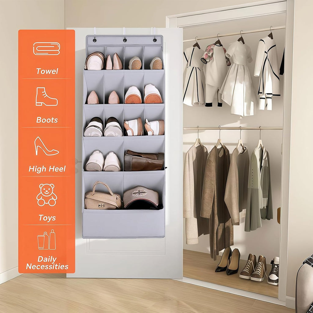 over the Door Shoe Organizer, Hanging Shoe Organizer with 15 Large Deep Pockets, Narrow Shoe Rack for Door Hanging Boots Storage, Dorm Room Essentials, Grey 11 Grid