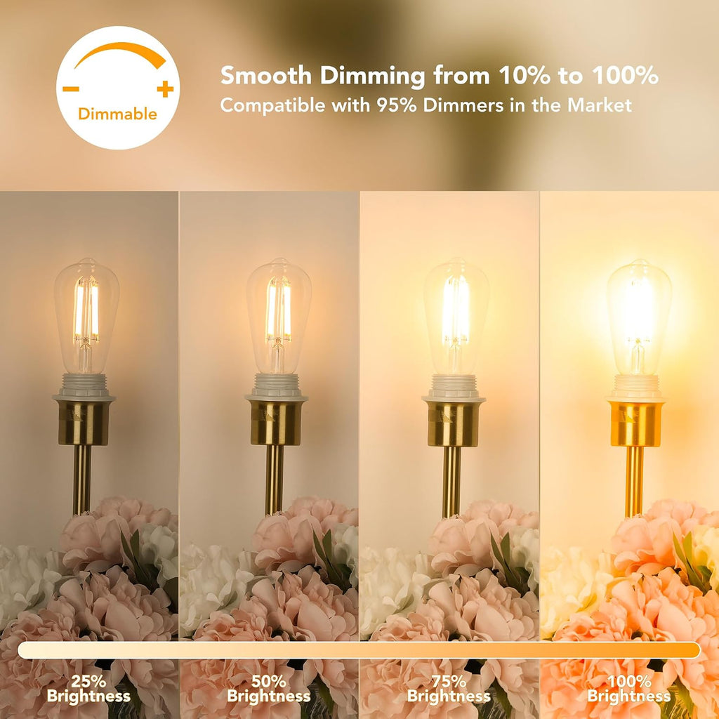 PARTPHONER ST58 E26 LED Light Bulbs, 6W Dimmable Amber Warm 2200K 4 Pack