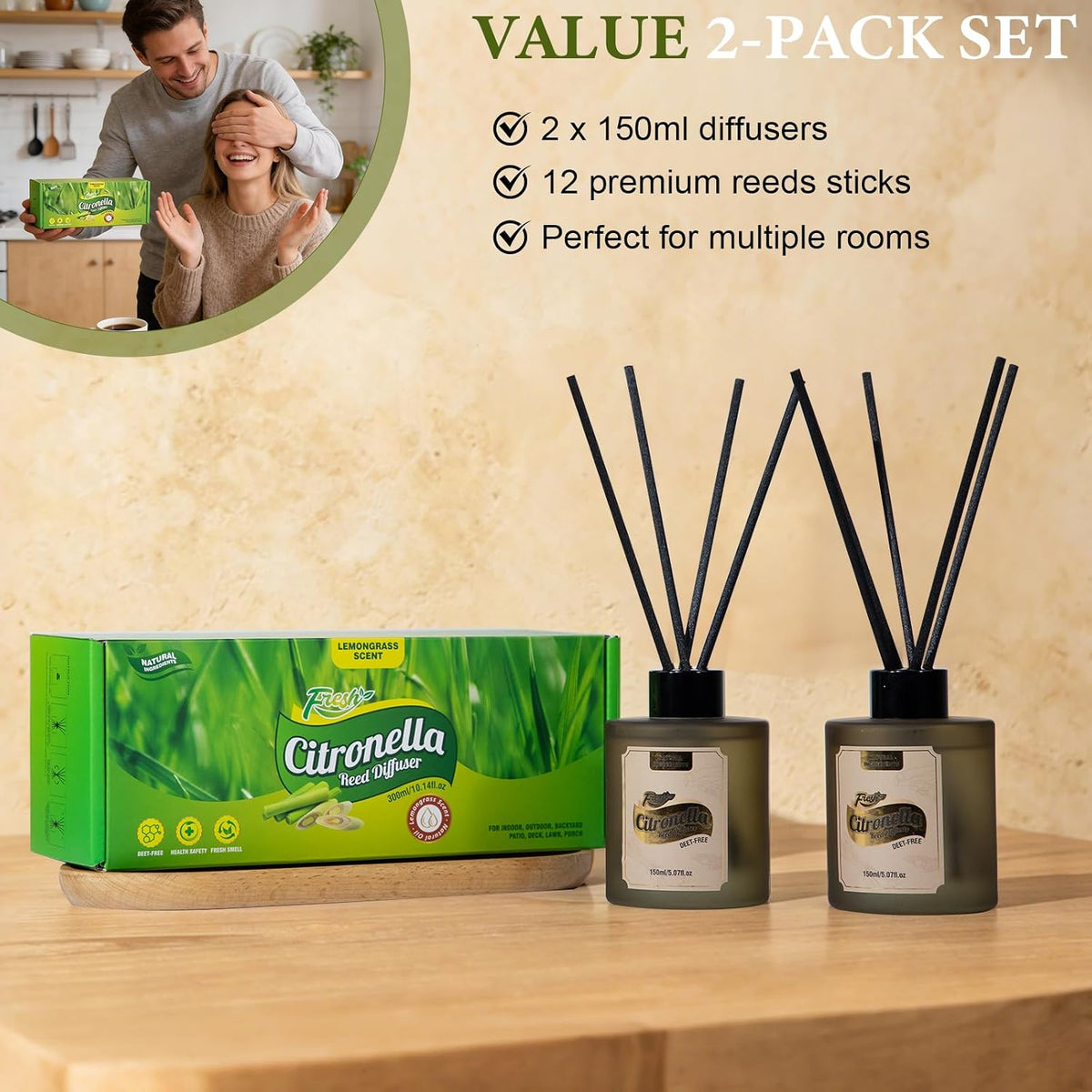 SCENTORINI Lemongrass Reed Diffuser Set with 12 Sticks for Summer, 10 fl oz