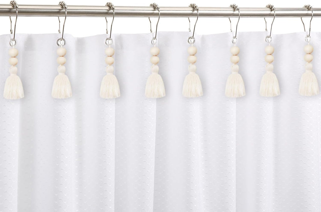 Boho Shower Curtain Hooks Rings Rustproof, CHICTIE Nautical Decorative Shower Curtain Rings with Handmade Wood Beads Tassel, Farmhouse Home Bathroom Bedroom Decor Set of 12 (Natural Cotton)