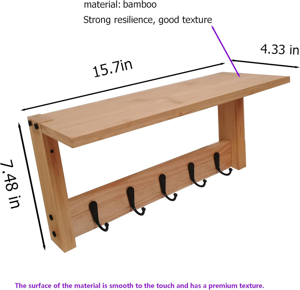 Wall Shelf with Hooks, Multi-Purpose Wooden Shelf & Metal Hooks for Home Entryway, Living Room,Office - Heavy Duty Coat Rack Organizer Hanging Coats, Bags, Key Holder